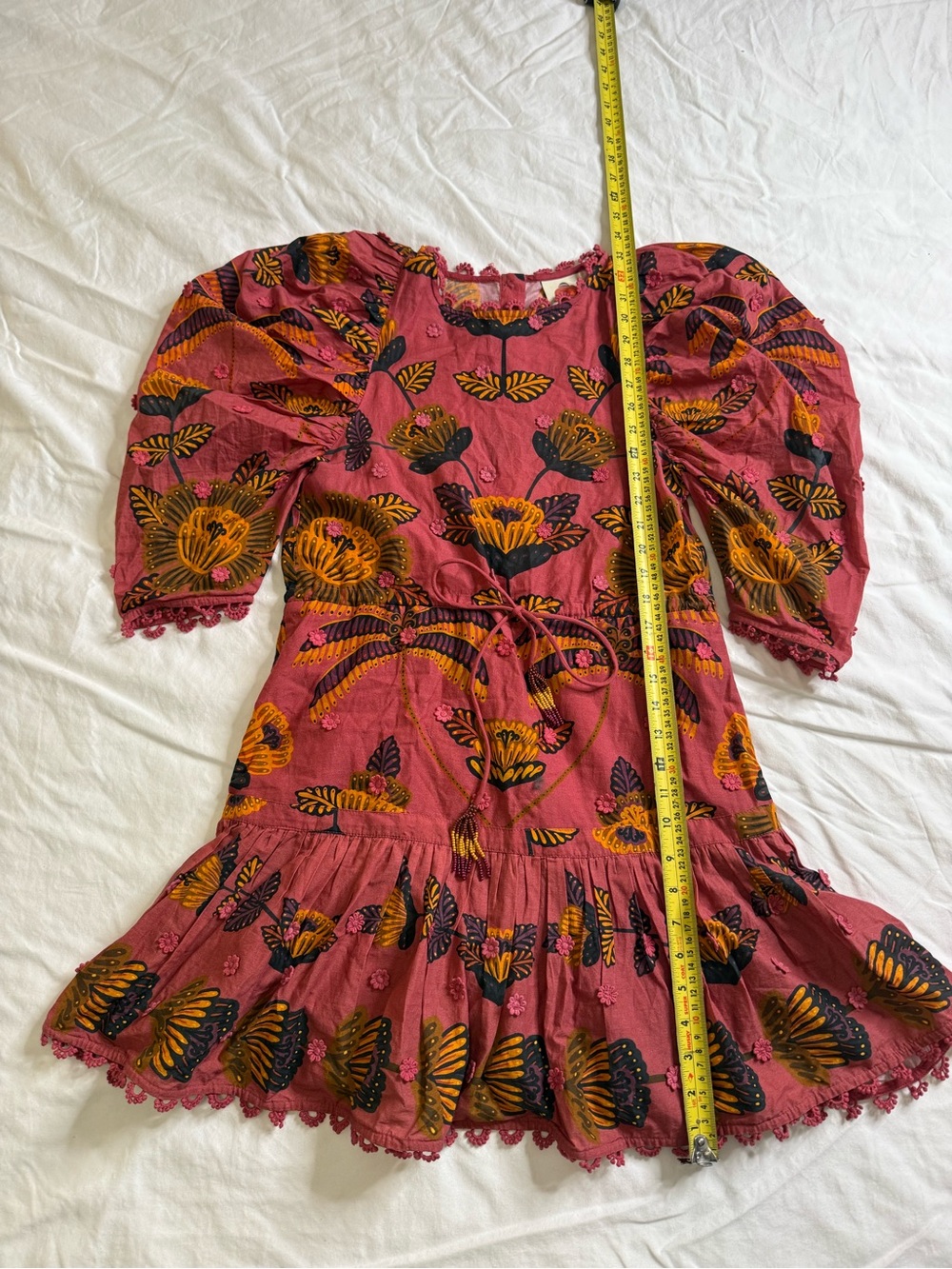 FARM Rio Pink Floral Applique Puff Sleeve Cotton Mini Dress XXS Cottagecore Boho - Picture 10 of 14